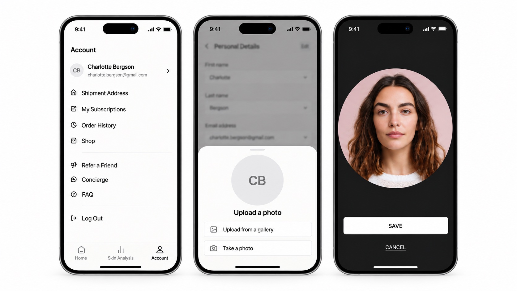 Account: menu, personal details, profile photo