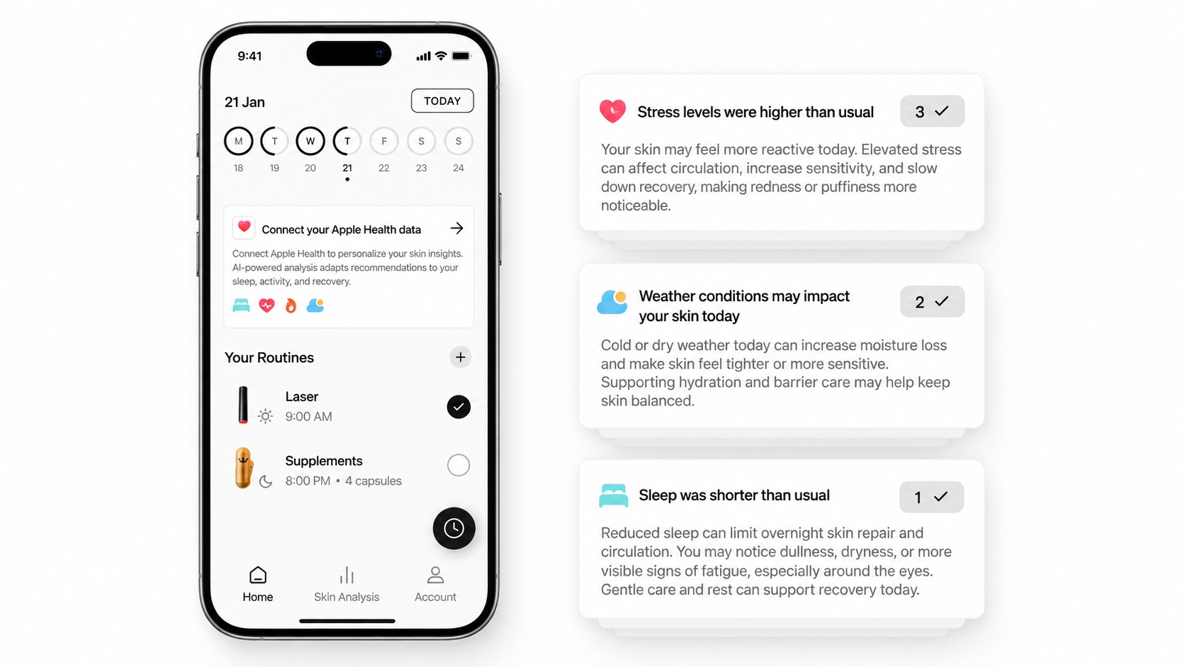 Home with the Apple Health card and three daily insights: stress, weather, sleep