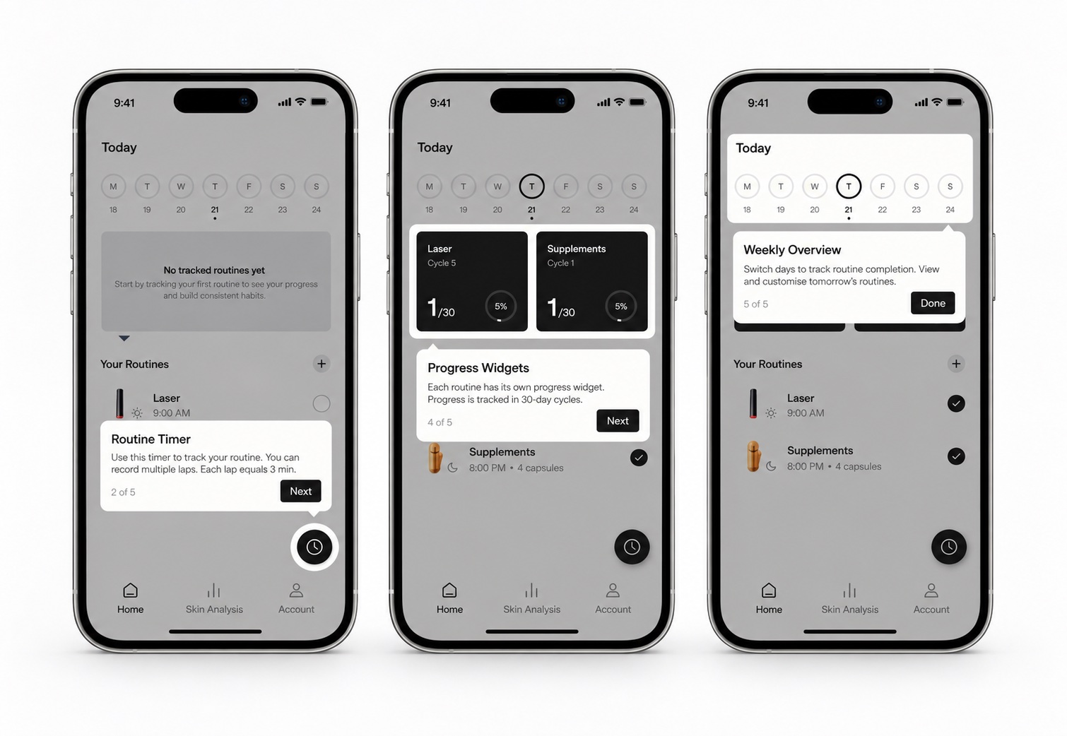 Feature walkthrough: step-by-step hints for the timer, progress widgets and weekly overview