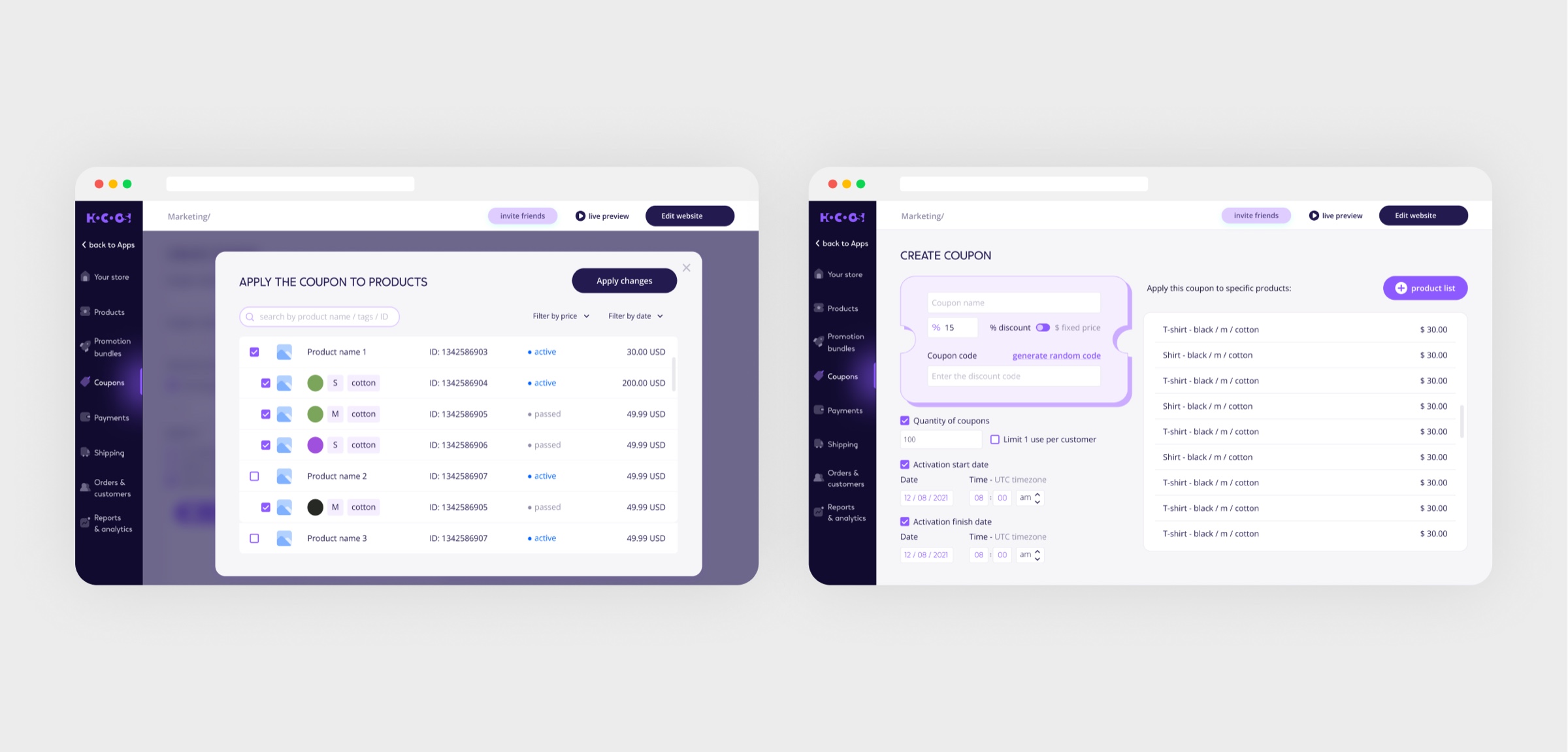 Coupons: applied to single products or a whole collection in a few clicks