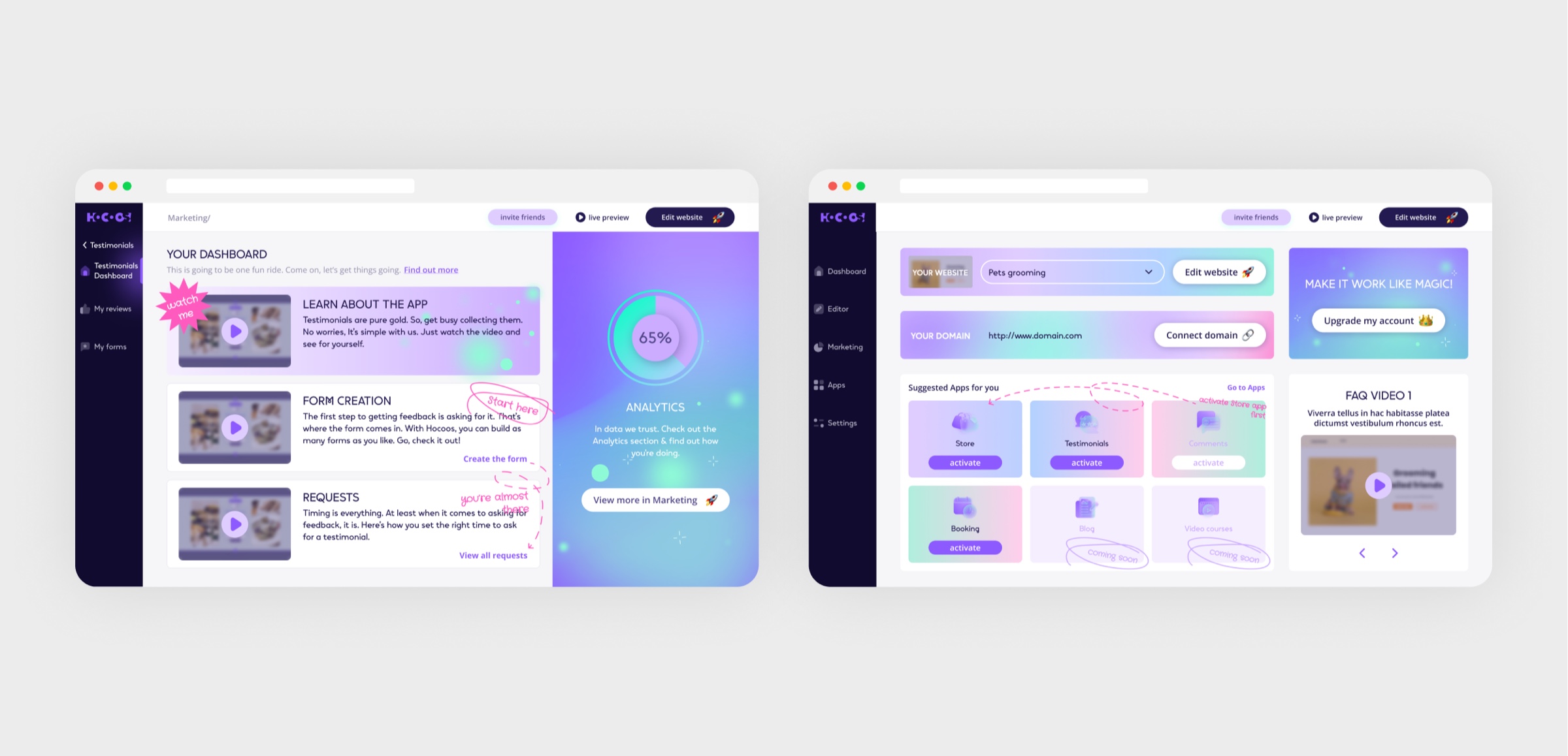 Dashboard: guided start, analytics teaser and app activation