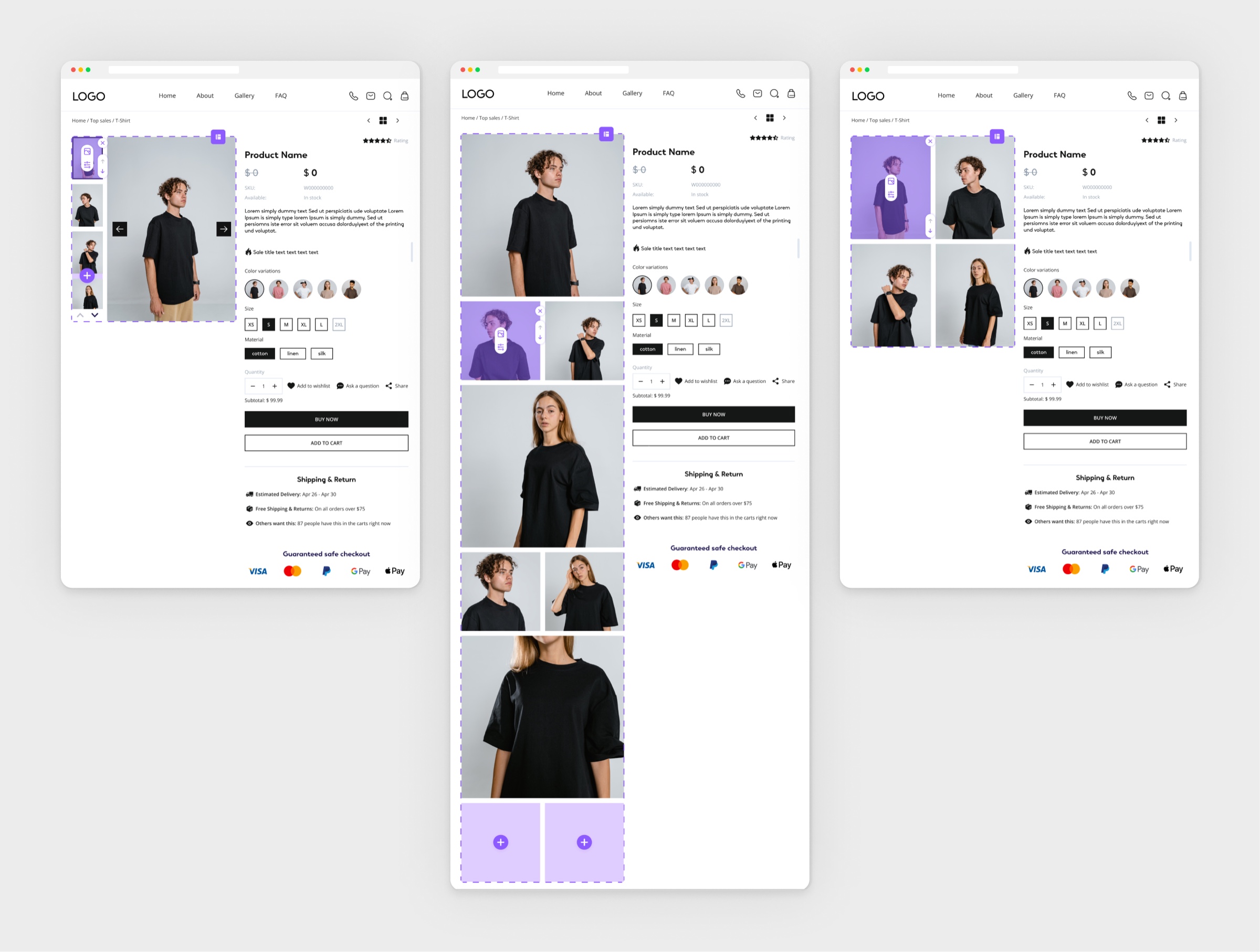 Product page: the block sequence, swappable layouts, and blocks you can remove