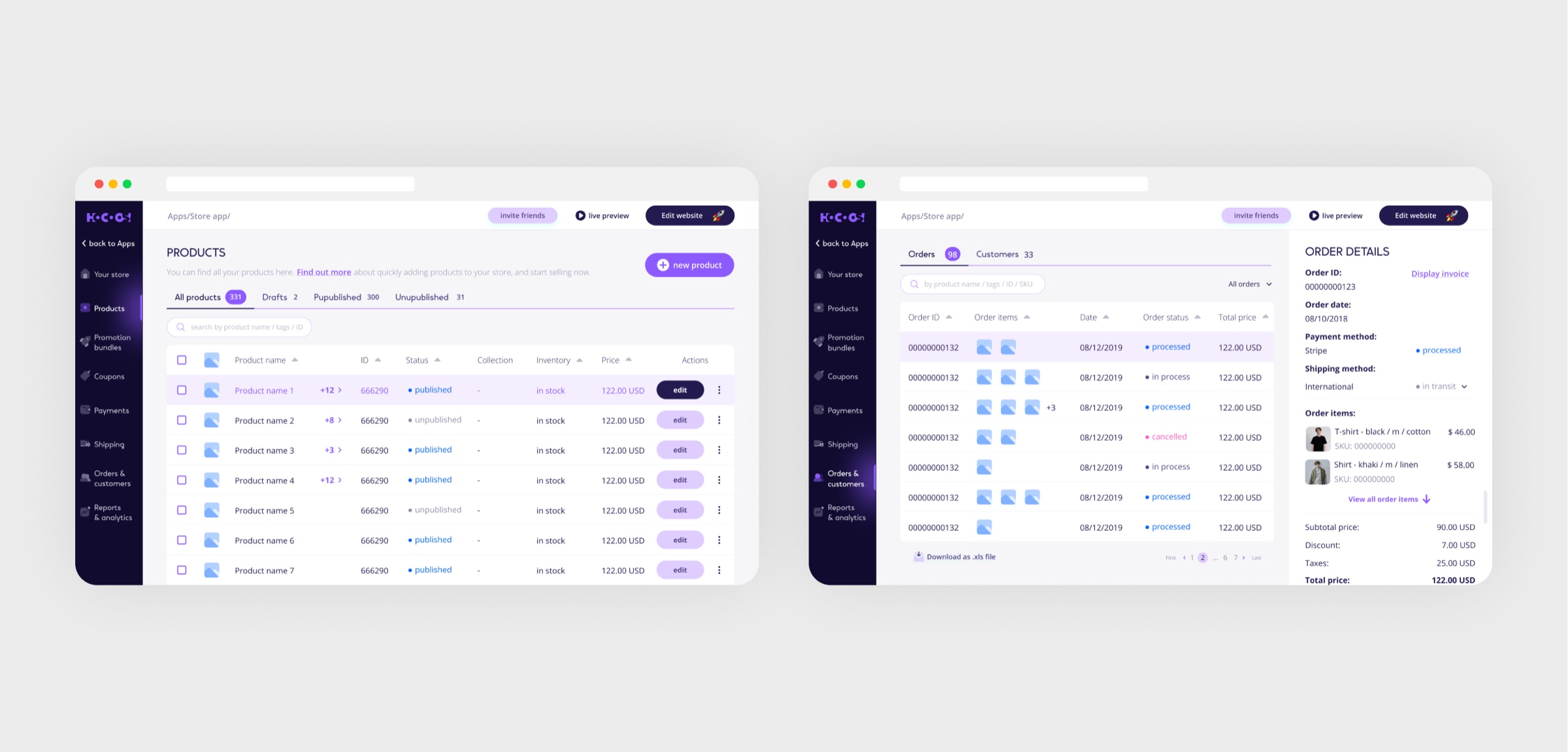 Products, orders and customers inside the builder