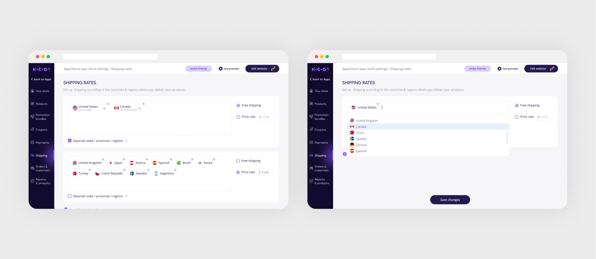 Shipping: fees by country and region, for any kind of business