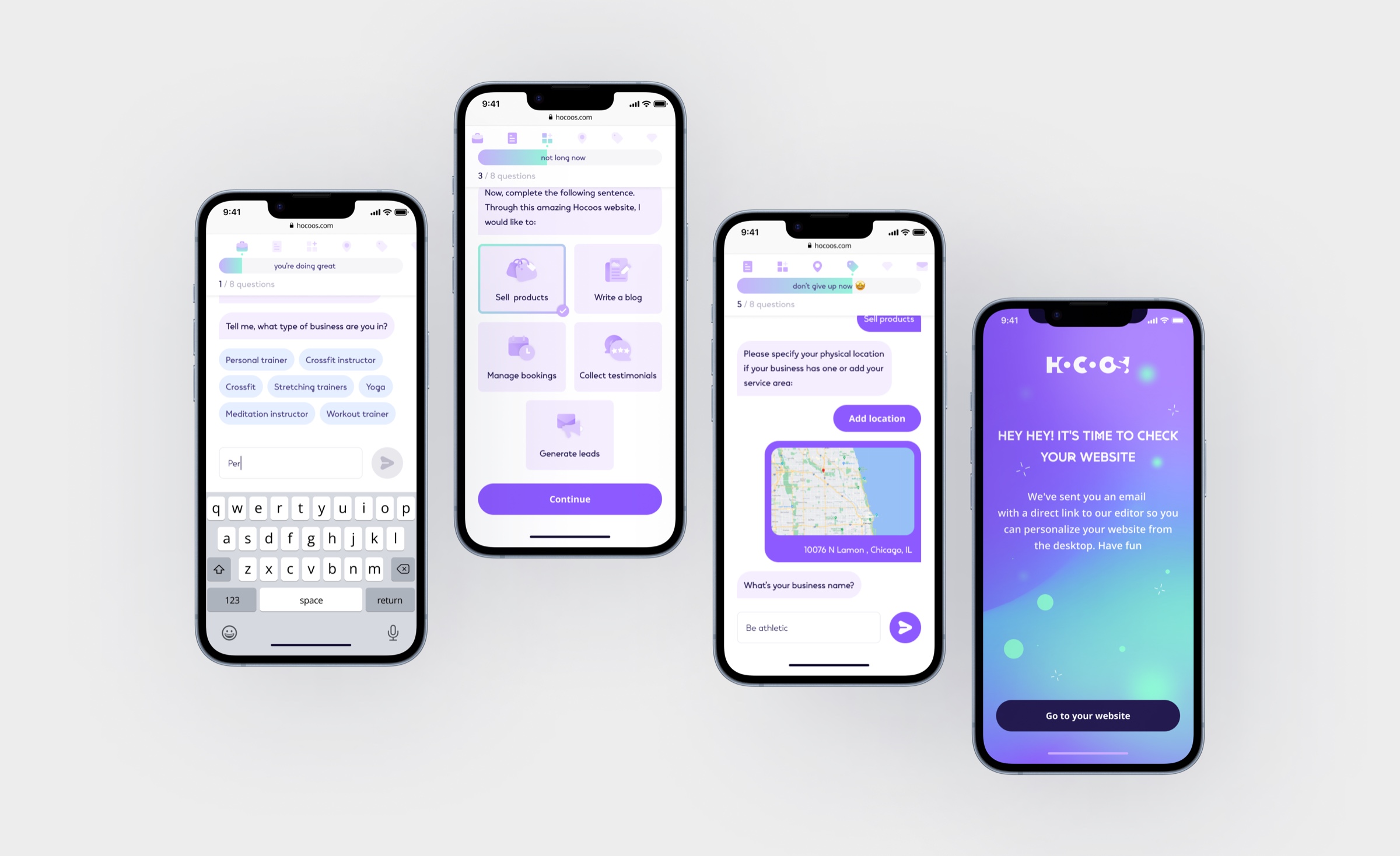The same flow on mobile: questions, location, and the finished site