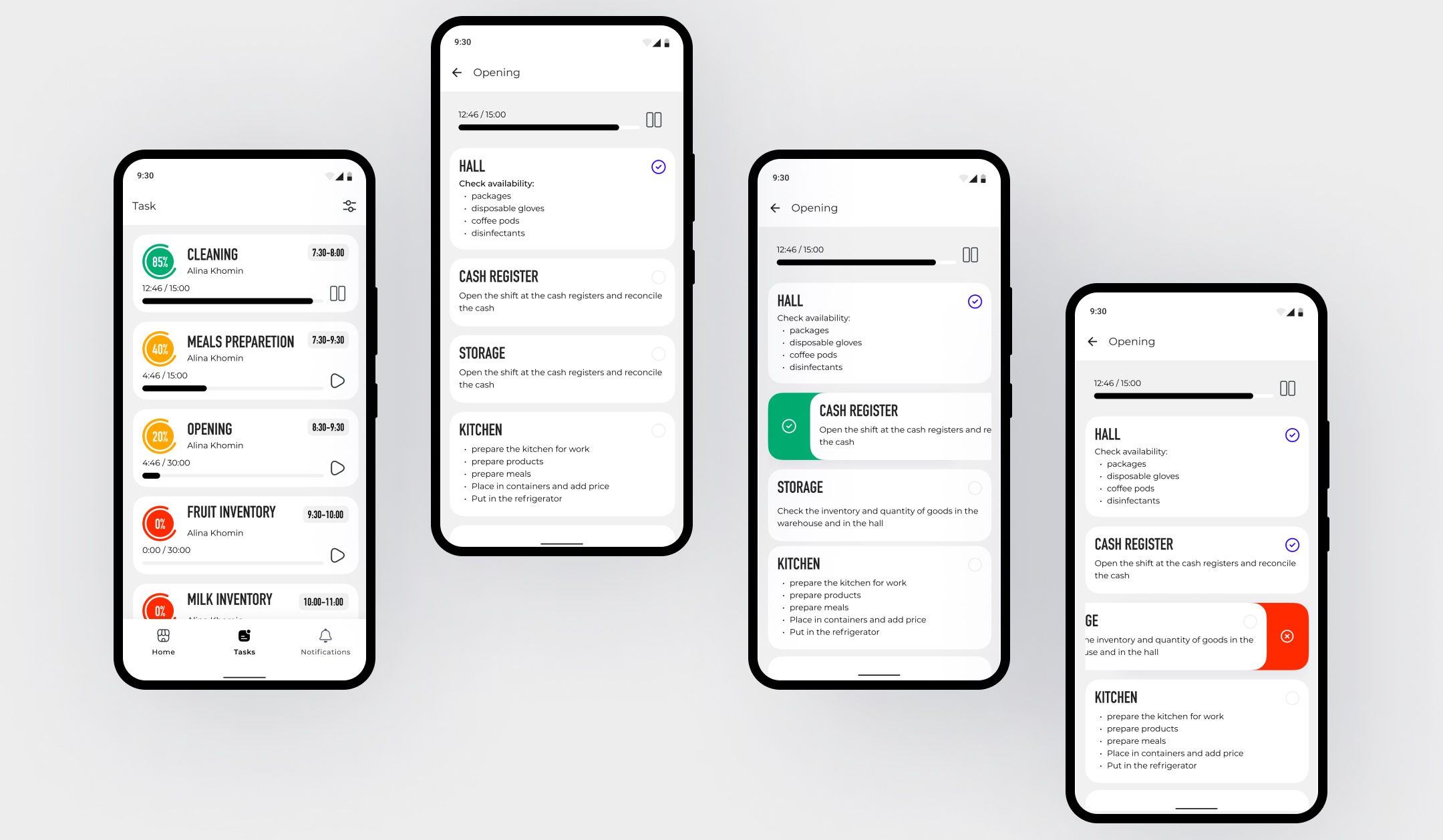 Task list and the opening checklist with swipe actions