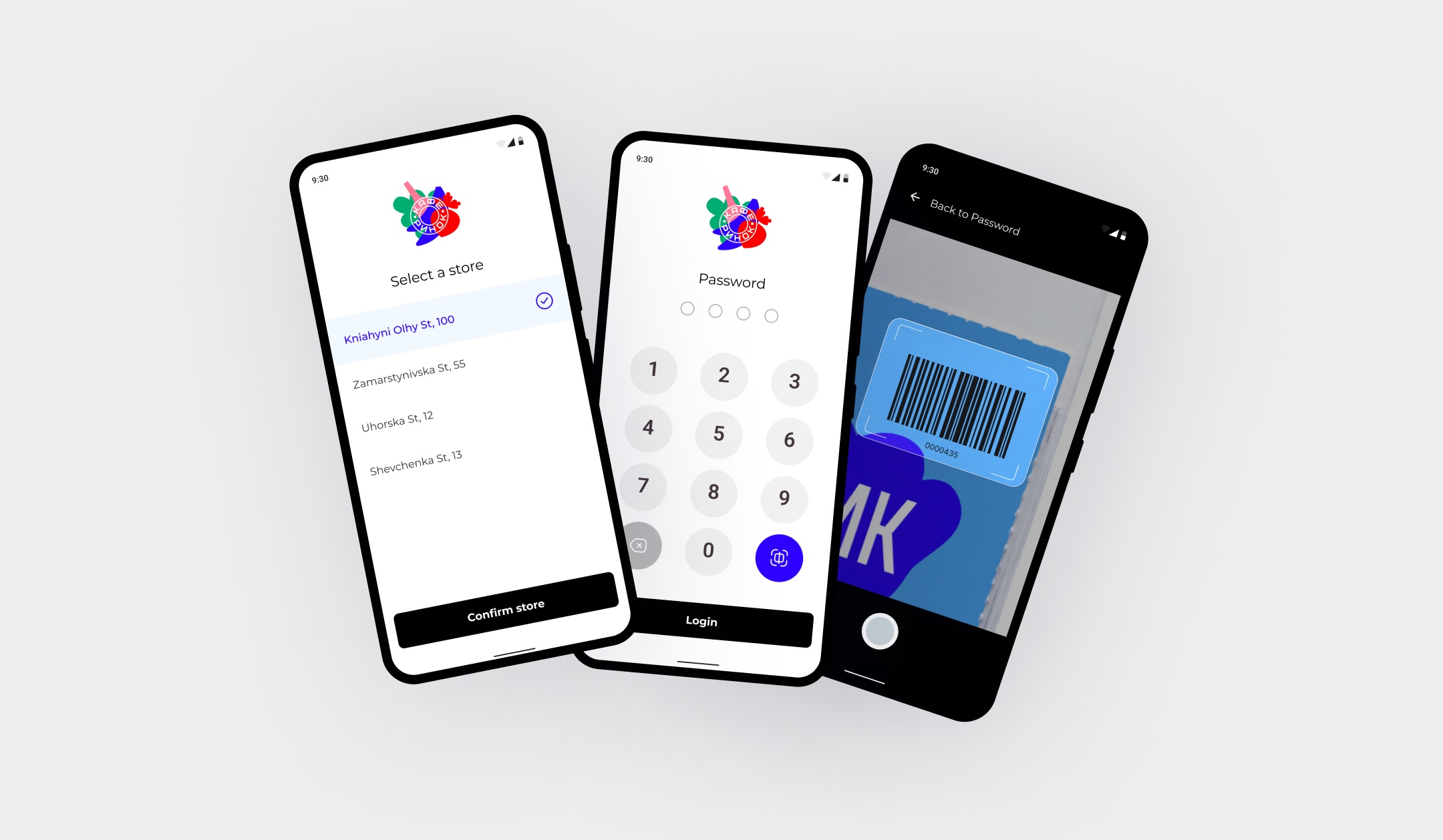Store selection, PIN and the QR badge scan