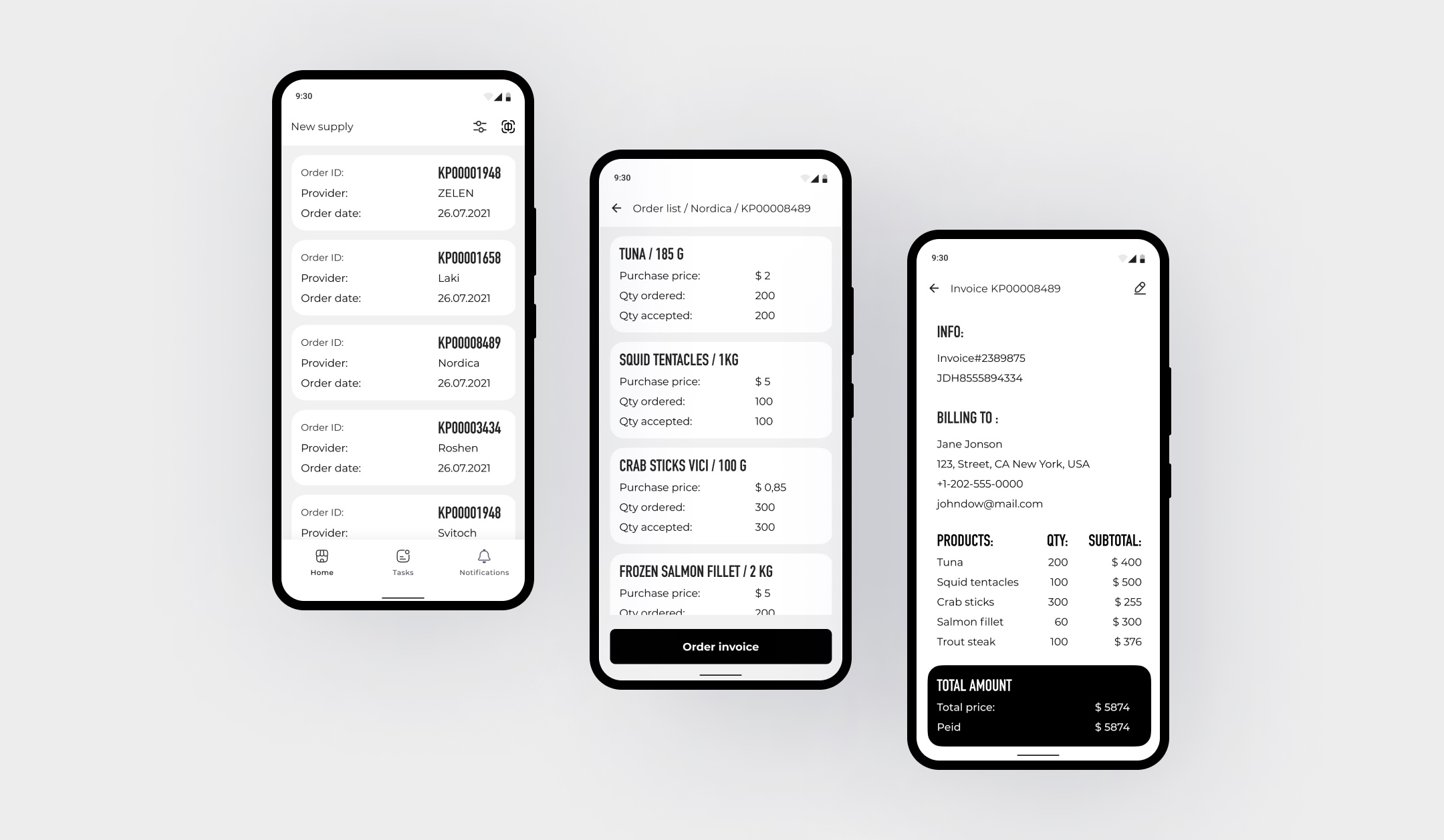 Supply orders, the order list and the invoice
