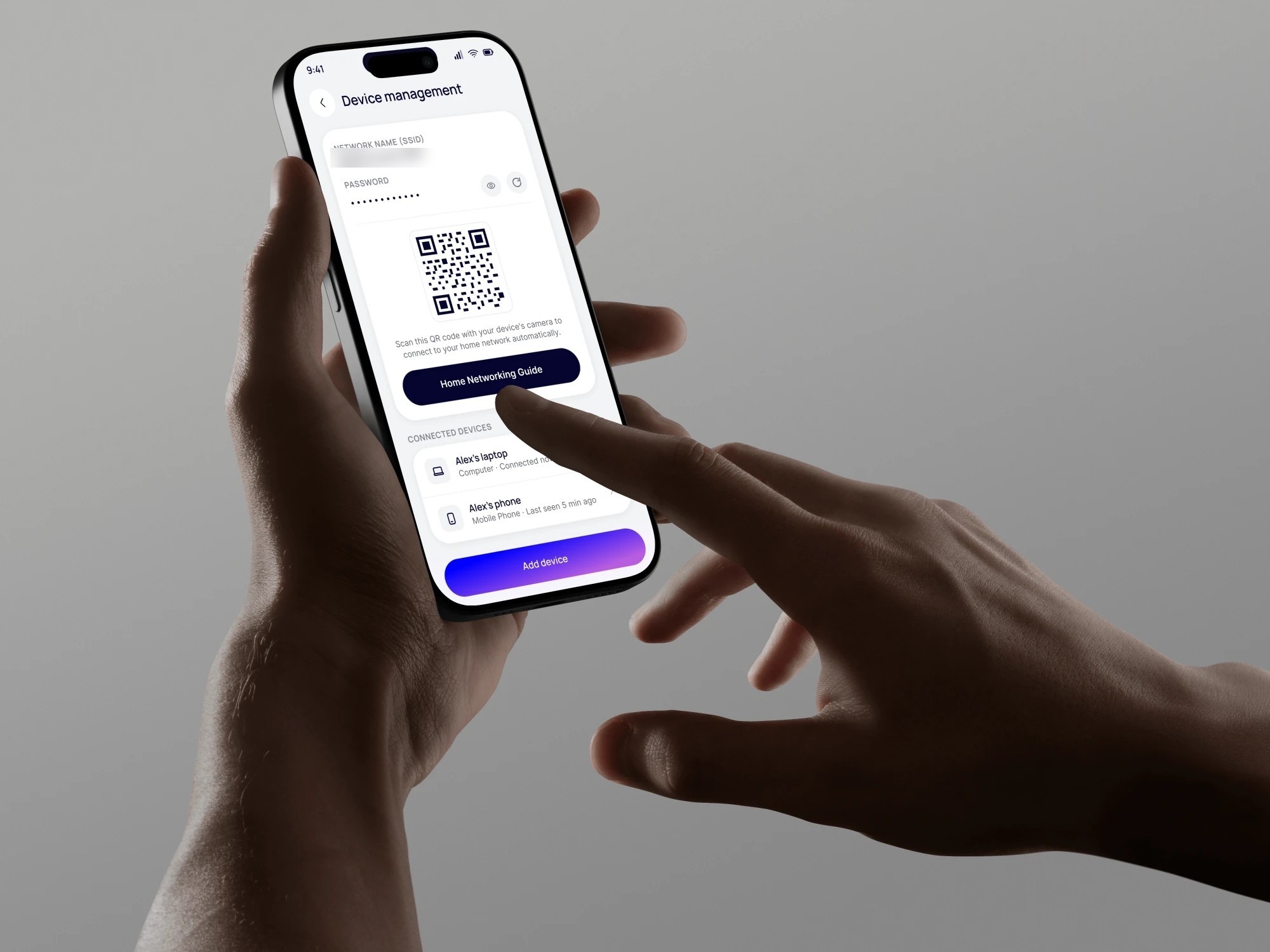 Device management: network name and password, a QR code to join without typing them, and the devices already connected